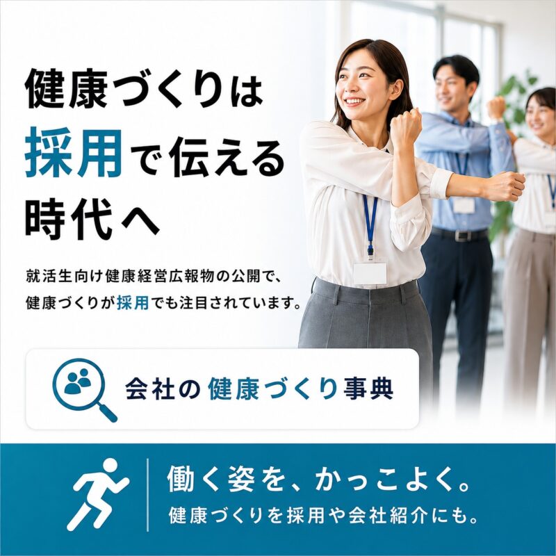 健康づくりを採用で伝える時代をテーマに、オフィスでストレッチする社員と会社の健康づくり事典・働く姿をかっこよくを紹介