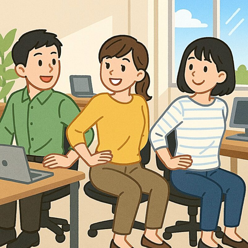 オフィスで少人数のビジネスパーソンが、椅子に座って腰を左右にひねるストレッチをしている様子。明るく快適な職場で、緑や黄色の服を着用し、和やかな雰囲気で運動している。