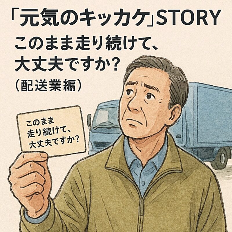 配送業の現場で『元気のキッカケ』カードを渡す所長と、受け取るドライバーの様子を描いたイラスト