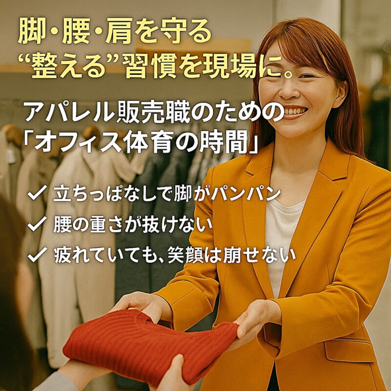 アパレル販売職の健康習慣を支える『オフィス体育の時間』。脚・腰・肩を整える習慣をテーマにした業種特化型プロモーション画像。