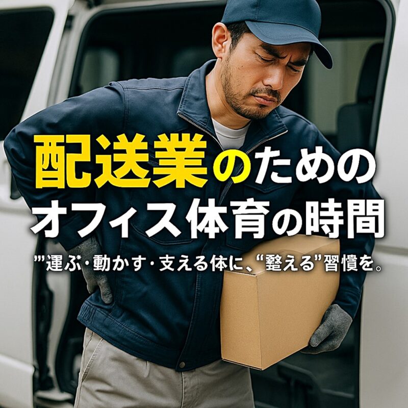 配送業向け法人レッスンを紹介するプロモーション画像。ドライバーが荷物を運ぶ写真に、「配送業のためのオフィス体育の時間」というタイトルとキャッチコピーが重なる。