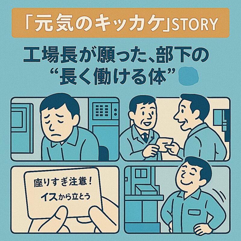 『元気のキッカケ』STORY 製造業編B面｜工場長が若手作業員に健康を気づかうカードを手渡し、整える習慣のきっかけを届ける様子を描いたイラスト