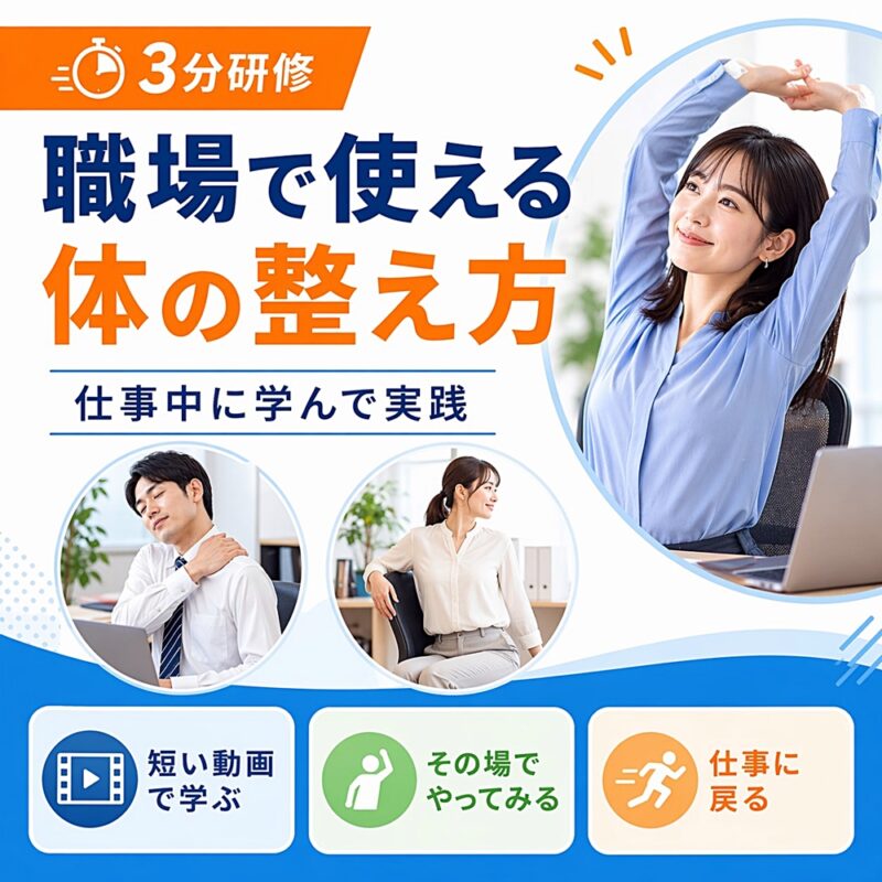 3分研修の基本ページ用サムネイル。職場で使える体の整え方を、短い動画で学び、その場でやってみて仕事に戻る流れを伝える企業向け短時間動画研修。