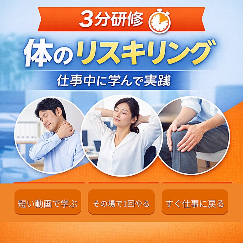 3分研修「体のリスキリング｜仕事中に学んで実践」のサムネイル。オフィスで首・肩・下半身を整えるイメージ写真と、「短い動画で学ぶ／その場で1回やる／すぐ仕事に戻る」の3ステップを掲載。