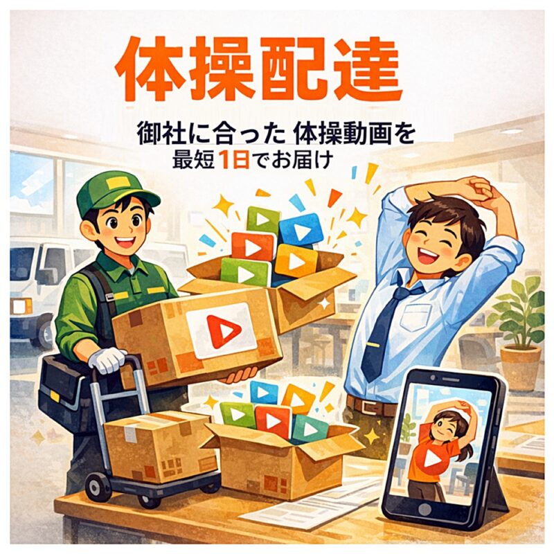 体操配達｜御社に合った体操動画を最短1日でお届け（配達員と動画ボックスのイメージ）