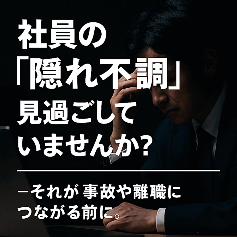 黒背景に白い太文字で「社員の『隠れ不調』、見過ごしていませんか？」と書かれた警告的なデザイン。ストレスを抱える男性社員の姿が写っており、事故や離職リスクの前に気づく重要性を訴える内容。
