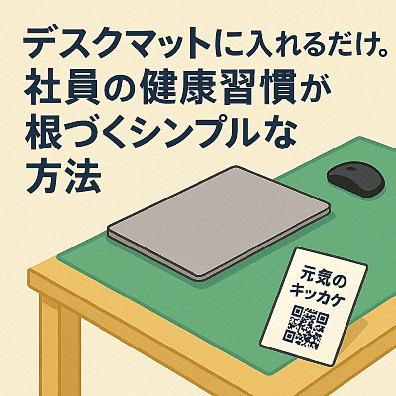 デスクマットの上にノートPCとマウスが置かれ、右上には『元気のキッカケ』カードが差し込まれているイラスト。社員の健康習慣づくりをイメージしたデザイン。