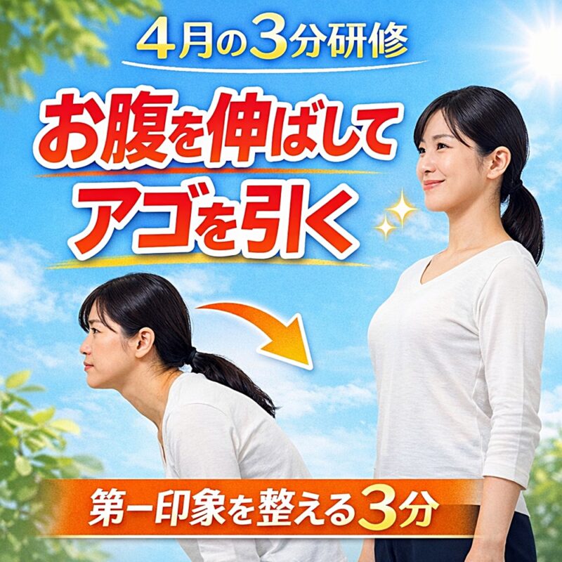 2026年4月の3分研修「お腹を伸ばしてアゴを引く」のサムネイル。前かがみ姿勢から胸を広げて姿勢を整える女性と、「第一印象を整える3分」の文字が入った画像