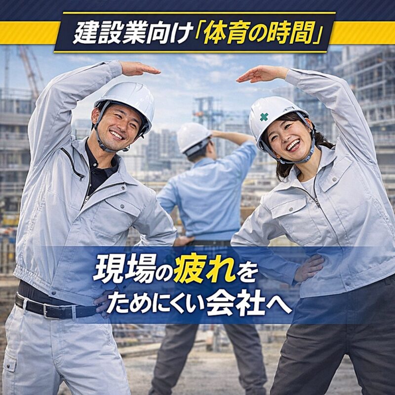 建設業向け「体育の時間」を紹介するイメージ画像。作業着姿の社員が会社で体を整えている様子