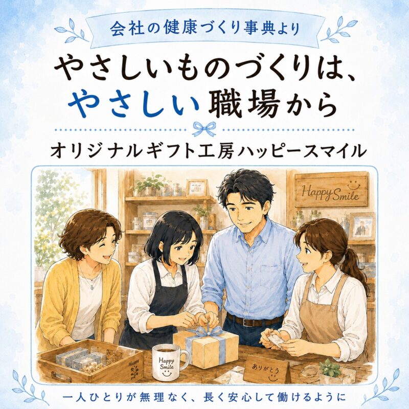 会社の健康づくり事典より、オリジナルギフト工房ハッピースマイルさんの健康づくりを紹介する漫画サムネイル。やさしいものづくりを支える職場の様子。