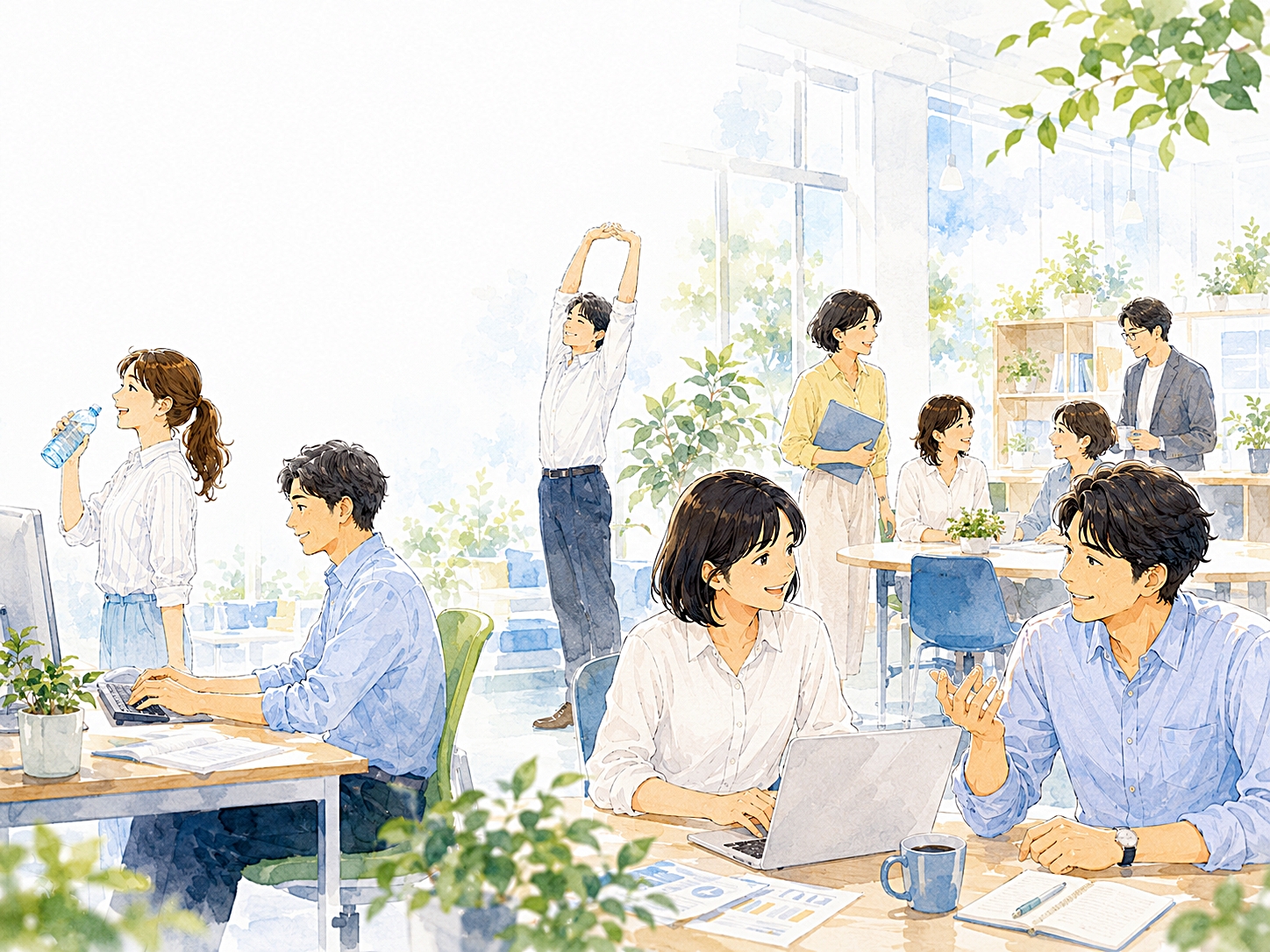 会社の健康づくり事典のイメージ画像。明るい職場で、声をかけ合いながら働く人たちの様子。