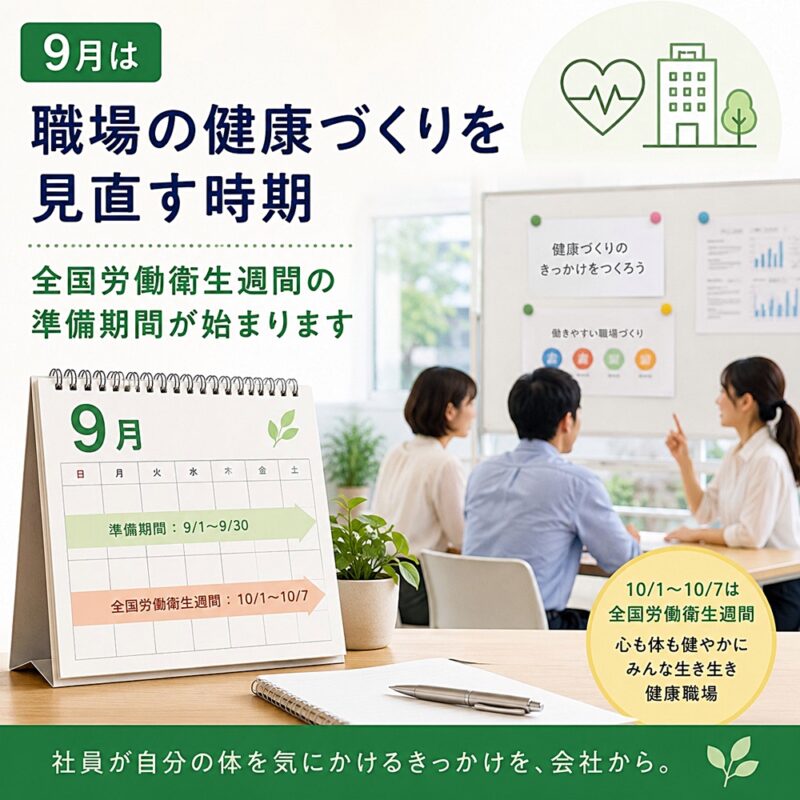 9月の全国労働衛生週間準備期間に合わせて、職場の健康づくりを見直すイメージ