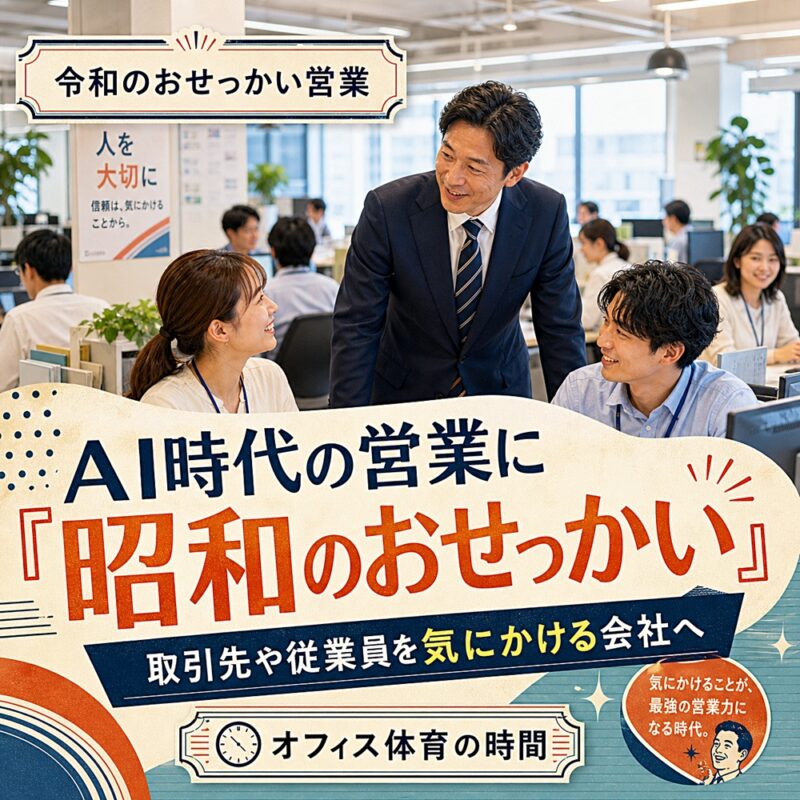AI時代の営業に昭和のおせっかいを取り入れ、取引先や従業員を気にかける会社づくりを表現したオフィス体育の時間の記事サムネイル