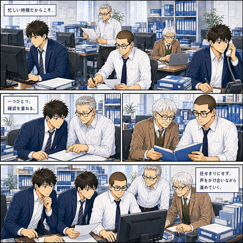 株式会社ほんまち会計の健康づくり漫画2枚目。忙しい時期だからこそ、一つひとつ確認を重ね、職員同士で声をかけ合いながら仕事を進める様子。