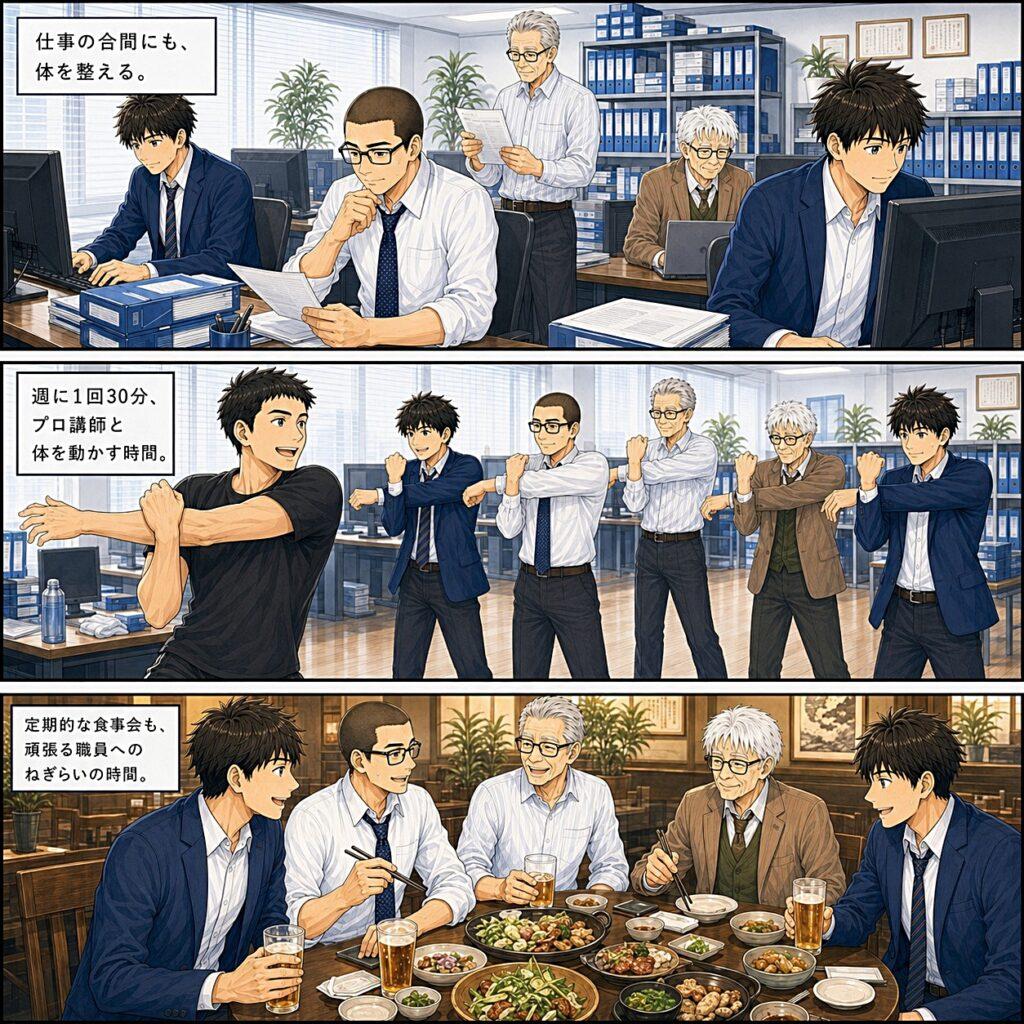 株式会社ほんまち会計の健康づくり漫画3枚目。仕事の合間にプロ講師と体を動かし、食事会で職員をねぎらう取り組みを紹介。