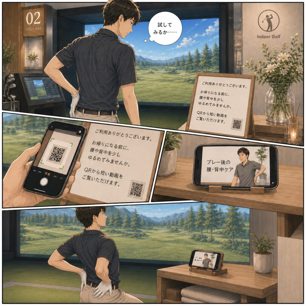 利用者が案内のQRコードをスマホで読み取り、プレー後の腰・背中ケア動画を見るマンガ