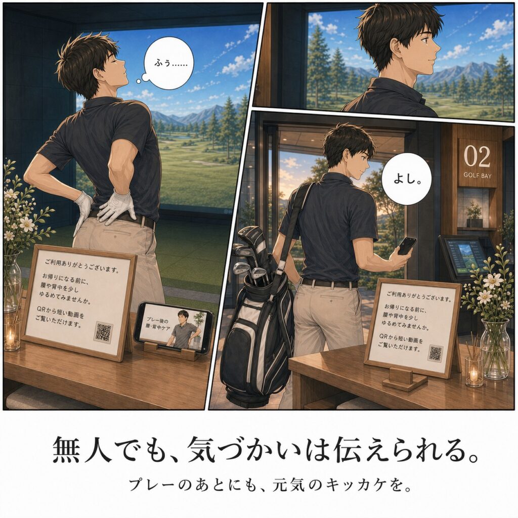 利用者が動画を見ながら腰や背中まわりを動かし、インドアゴルフ施設をあとにするマンガ