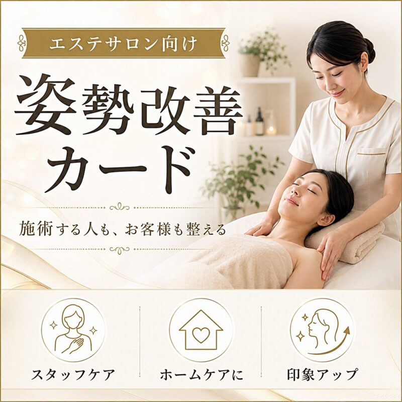 エステサロン向け姿勢改善カードのサムネイル。施術を受けるお客様とエステティシャンの様子を背景に、スタッフケアやホームケア、印象アップにつながることを伝える画像