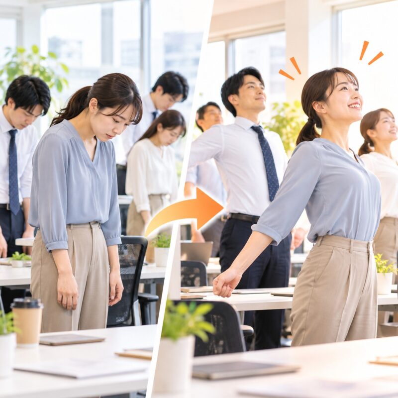 オフィスで社員が一緒に体育の時間を体験する前後の立ち姿を表現したビフォーアフターのイメージ