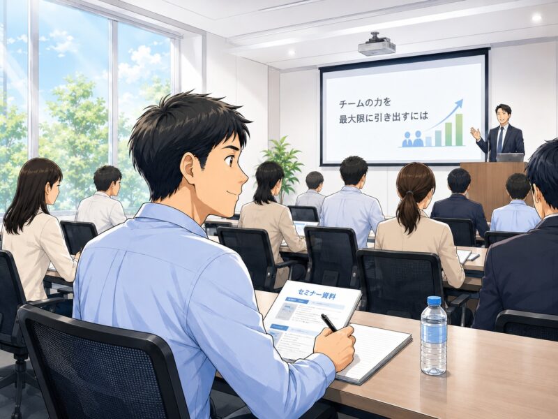 貸し会議室・セミナー会場で、参加者が講師の話を聞きながら資料を確認しているイメージ