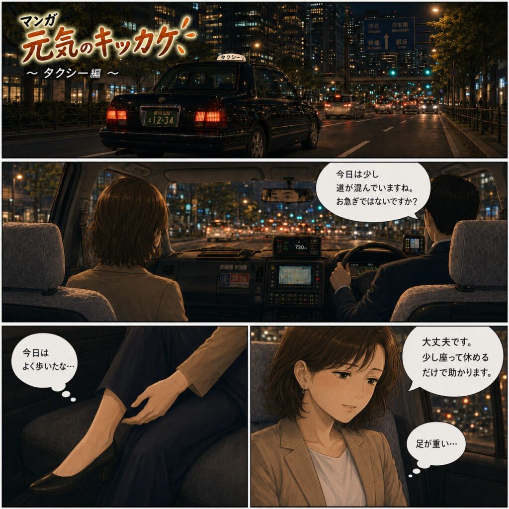 夜のタクシー車内で、歩き疲れた乗客が運転手と会話しながら足の疲れを感じているマンガ