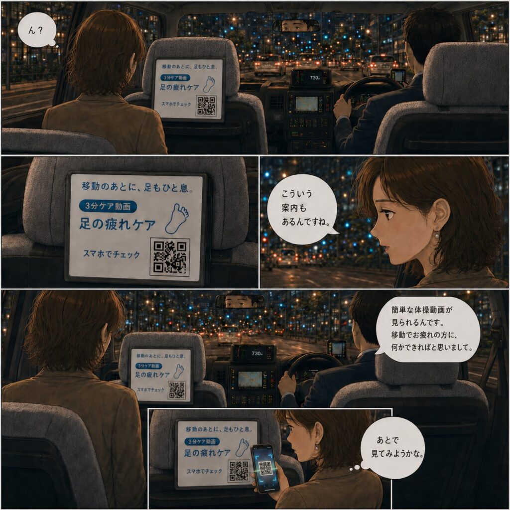 タクシー車内のQR案内を見つけた乗客が、足の疲れケア動画に気づくマンガ