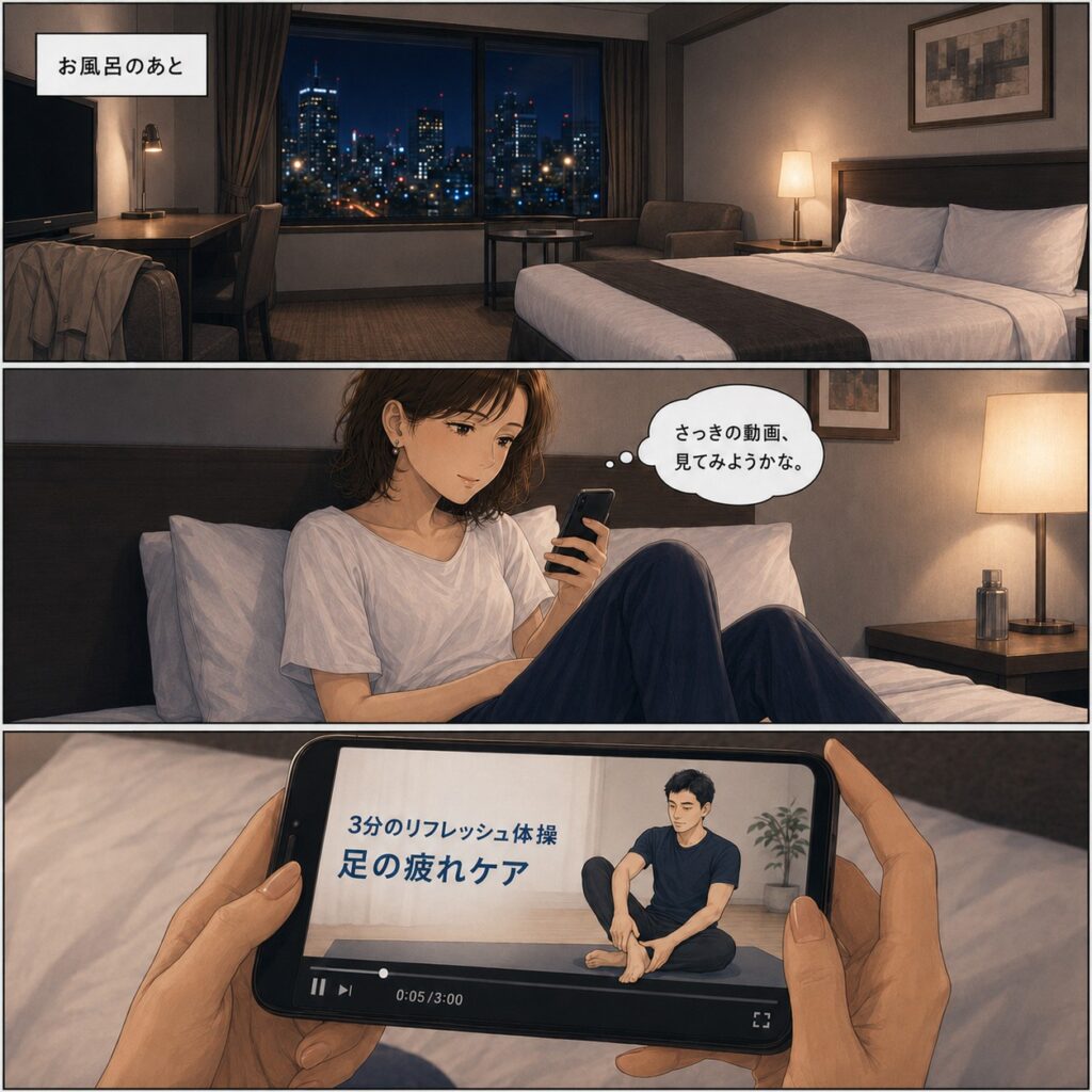 ホテルの部屋で乗客がスマホを使い、足の疲れケア動画を確認しているマンガ