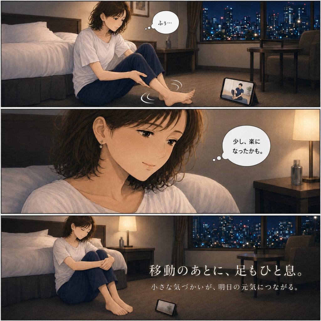 ホテルの部屋で足のセルフケアを行い、移動後の体を少し気にかける乗客のマンガ