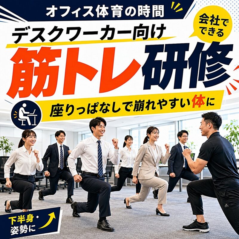 デスクワーカー向け筋トレ研修で会社員がオフィス内でランジを行っている様子