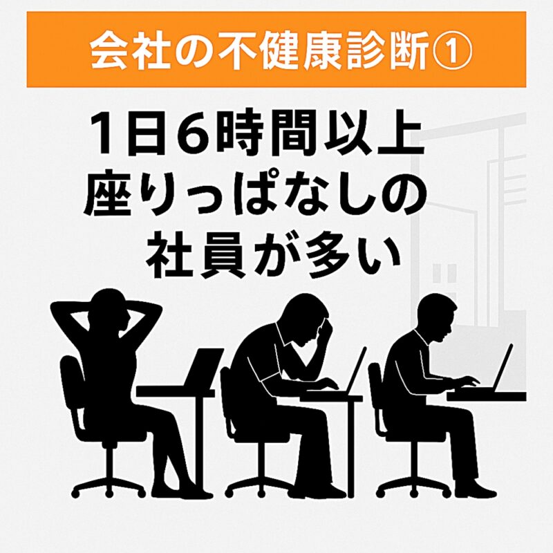オフィスで長時間座りっぱなしの社員たちを描いたシルエットイラスト。 「会社の不健康診断①　1日6時間以上座りっぱなしの社員が多い」というテキストが入った画像。
