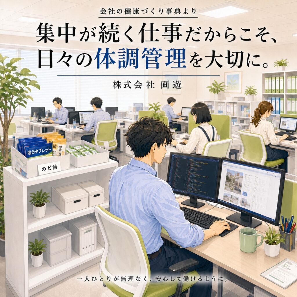 株式会社画遊の健康づくり漫画1枚目。デスクワークが中心の明るいオフィスで、集中が続く仕事だからこそ日々の体調管理を大切にする考えを紹介。
