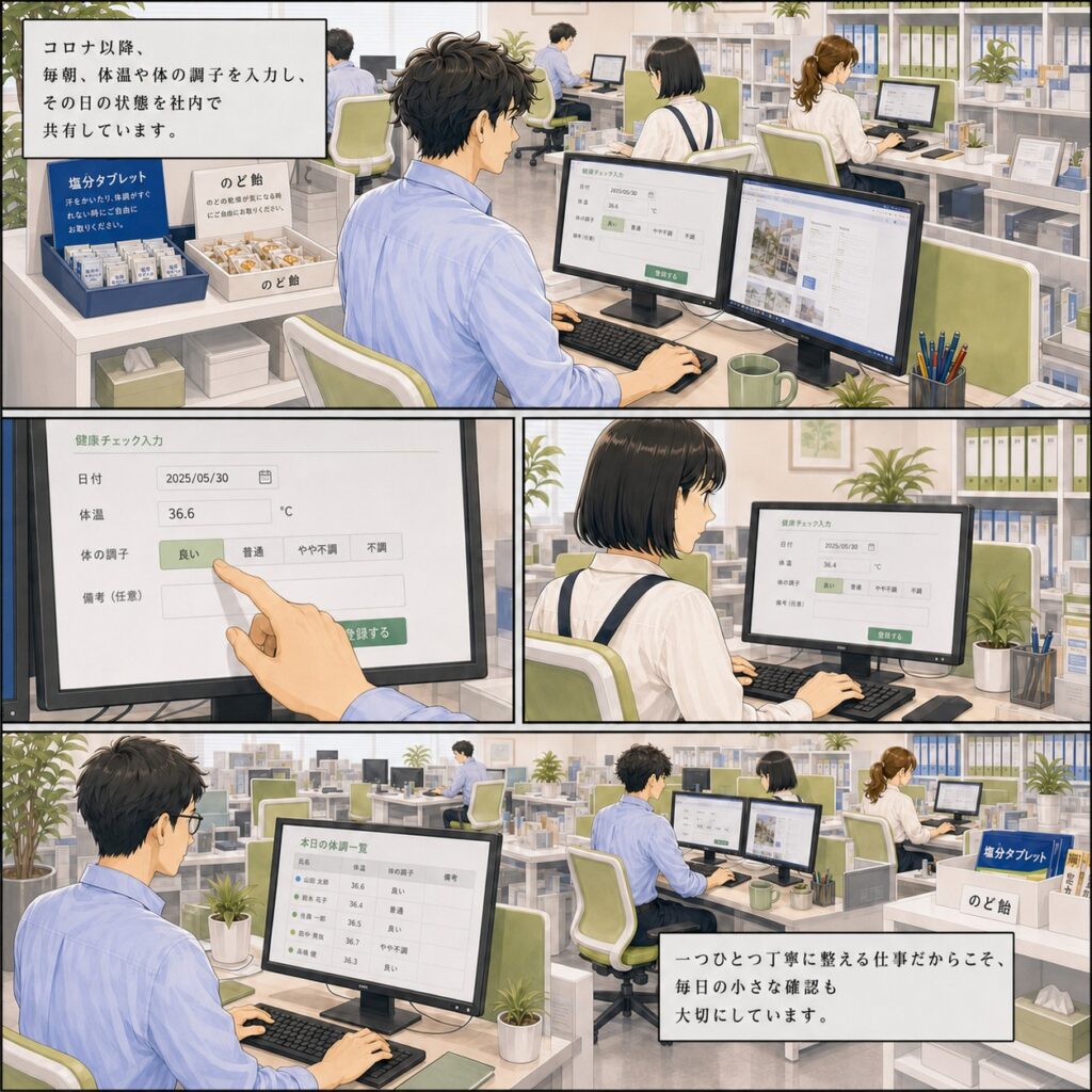 株式会社画遊の健康づくり漫画2枚目。毎朝、専用フォームに体温や体の調子を入力し、社員の状態を社内で共有する取り組みを紹介。