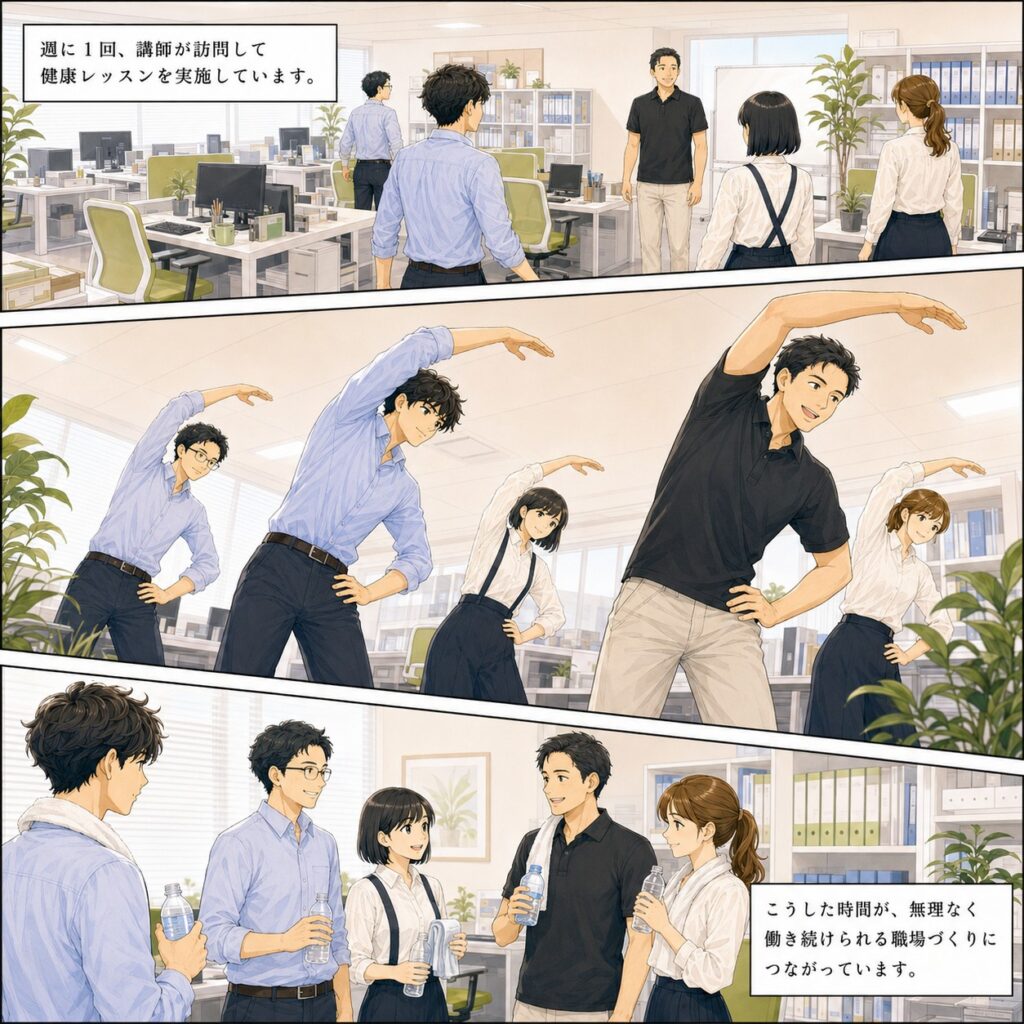 株式会社画遊の健康づくり漫画3枚目。週に1回、講師が会社を訪問して、社員と一緒に健康レッスンを行う様子。