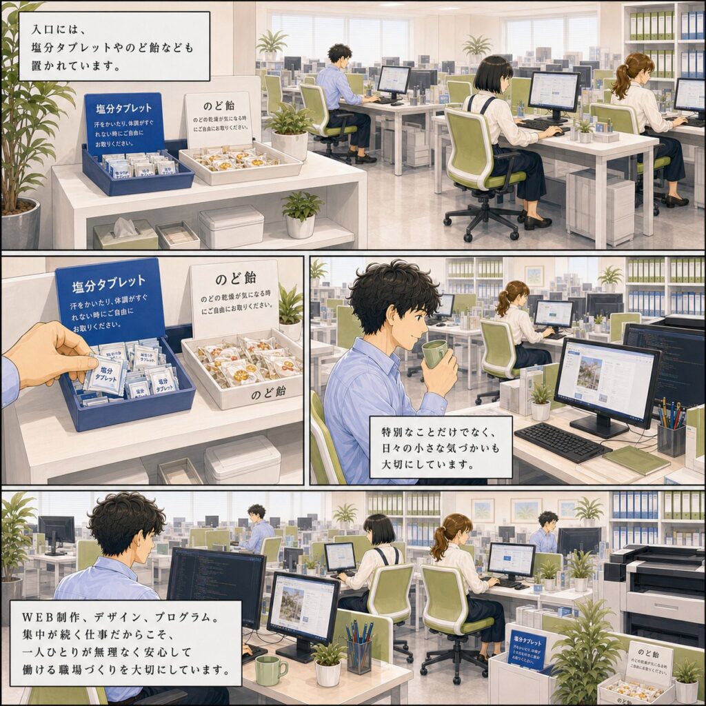 株式会社画遊の健康づくり漫画4枚目。入口に塩分タブレットやのど飴を置き、日々の小さな体調の変化にも目を向ける職場づくりを紹介。