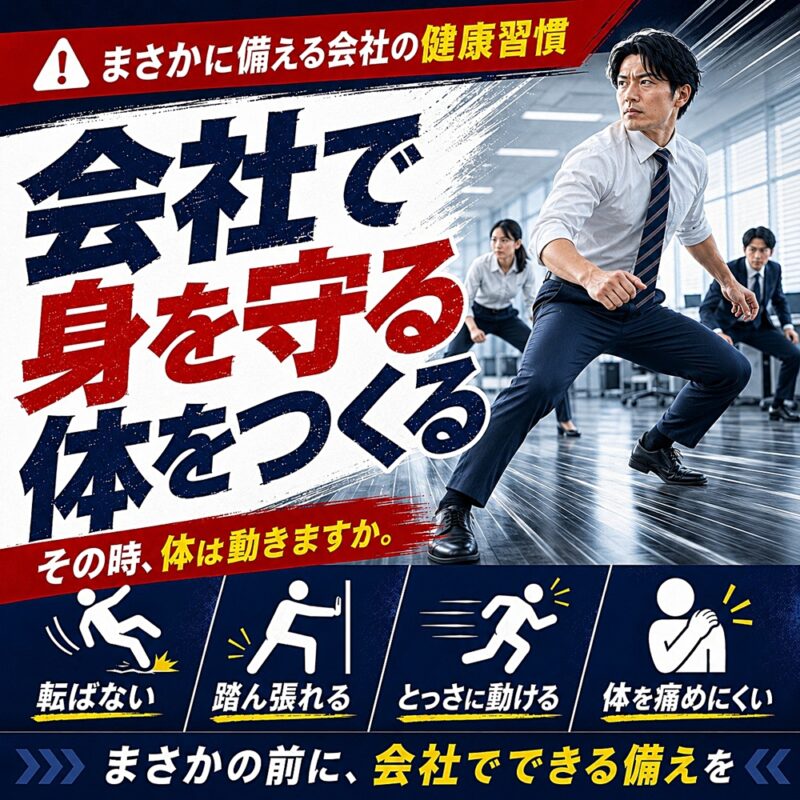 会社で身を守る体をつくる｜まさかに備える会社の健康習慣を表現したサムネイル。オフィスで足腰を意識した構えを取る男性社員と、転ばない・踏ん張れる・とっさに動ける・体を痛めにくいを示すアイコンを配置した危機管理意識向けのイメージ