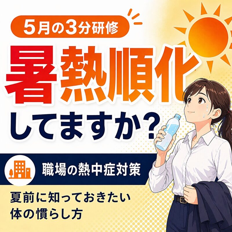 暑熱順化と職場の熱中症対策をテーマにした、2026年5月の3分研修サムネイル。夏前に知っておきたい体の慣らし方を伝える職場向け動画研修。