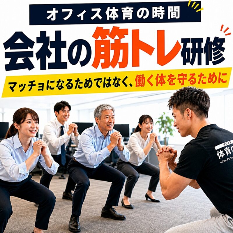 会社のオフィス内で小野講師と社員が道具を使わずに筋トレを行う様子