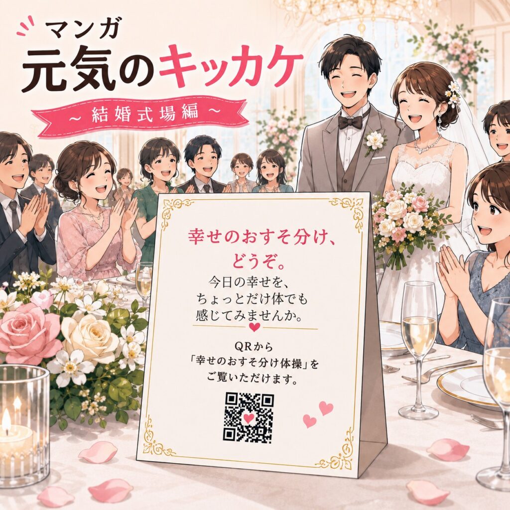 結婚式場の披露宴会場に「幸せのおすそ分け体操」のQR案内が置かれているマンガ