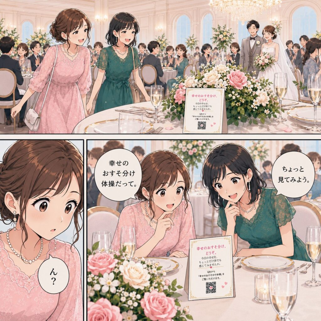 結婚式に参加した女性ゲストがテーブルのQR案内に気づき、幸せのおすそ分け体操を見つけるマンガ