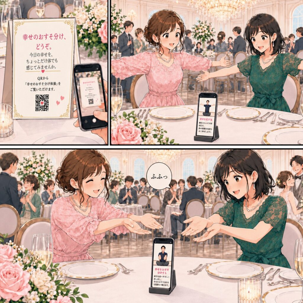 女性ゲストがQRから動画を見て、披露宴会場で一緒に幸せのおすそ分け体操を楽しむマンガ