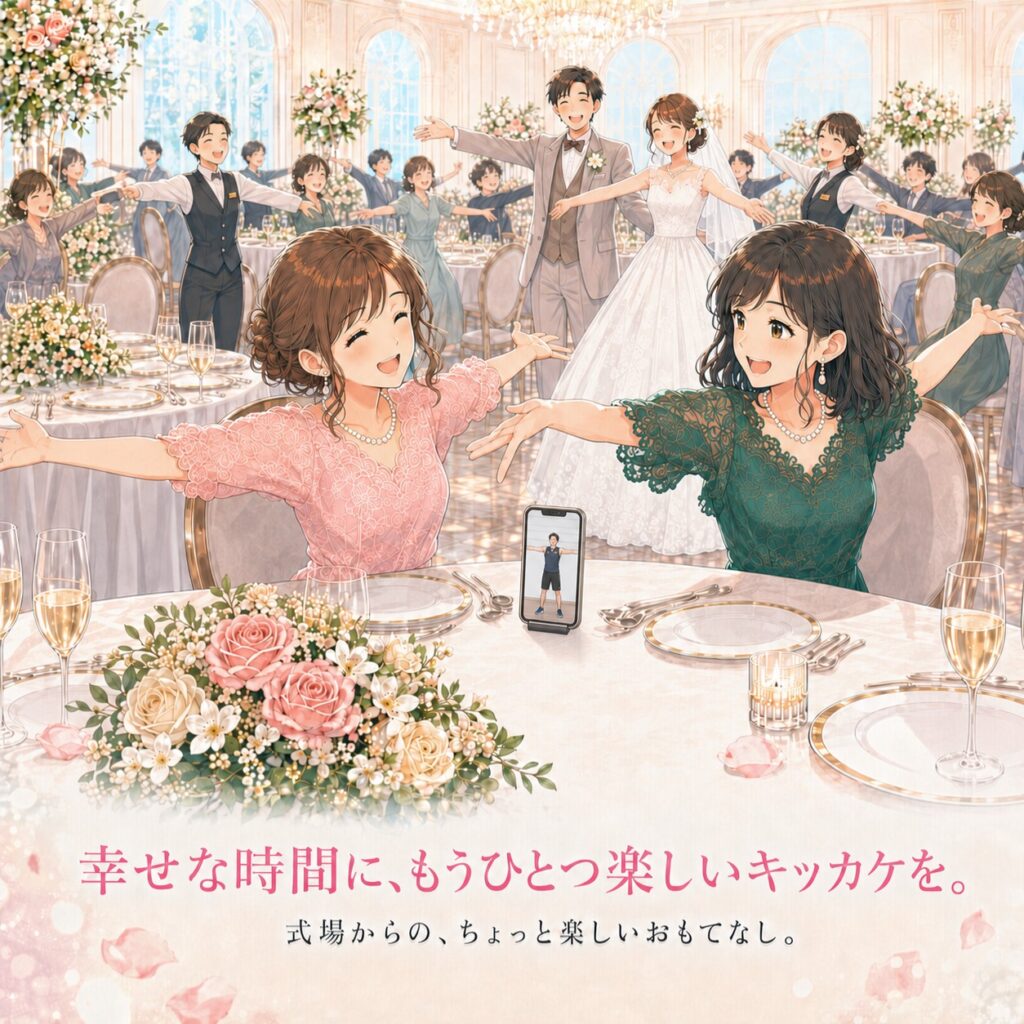 新郎新婦やゲスト、式場スタッフが一緒に体を動かし、結婚式を楽しんでいるマンガ
