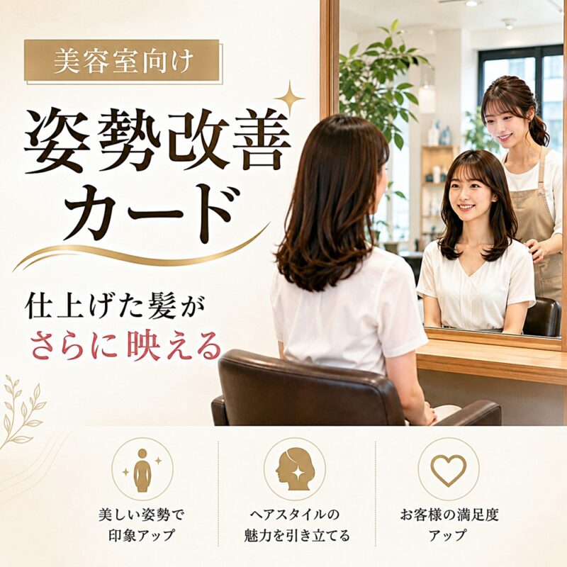 美容室向け姿勢改善カードのサムネイル。鏡前で仕上がりを確認するお客様と美容師の様子と、姿勢でヘアスタイルの印象を高めることを伝える画像