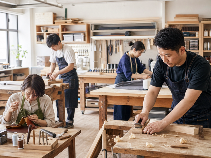 職人セルフケアのイメージ画像。木工、革細工、縫製など、複数の職人が工房で手仕事をしている様子