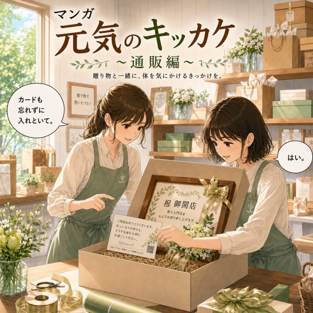 通販ショップのスタッフが、開店祝いのギフトに元気のキッカケのカードを同封しているマンガ