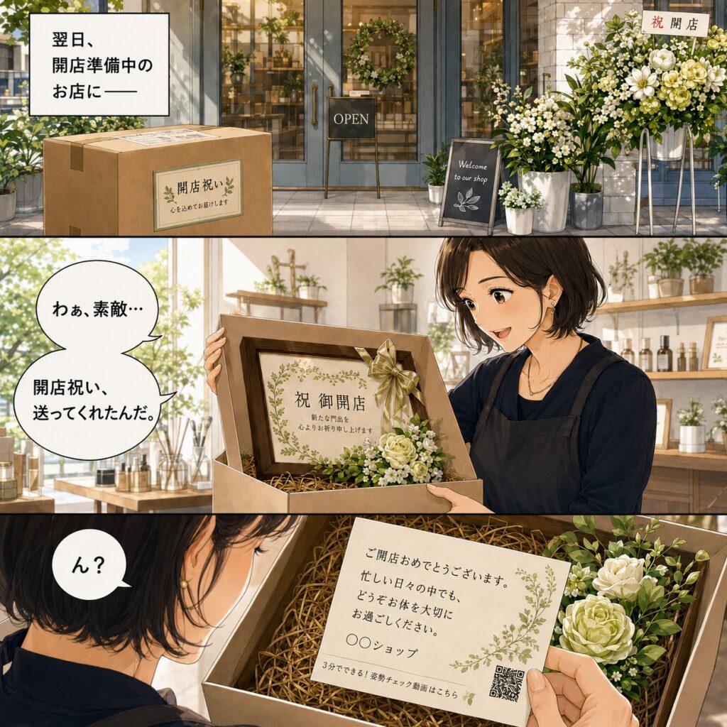 開店準備中の店主が届いた開店祝いを開け、元気のキッカケのカードに気づくマンガ