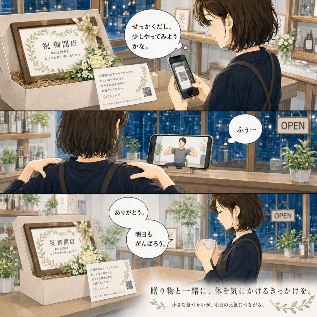 店主が元気のキッカケのQR動画を見ながら肩まわりをケアし、明日もがんばろうと思うマンガ